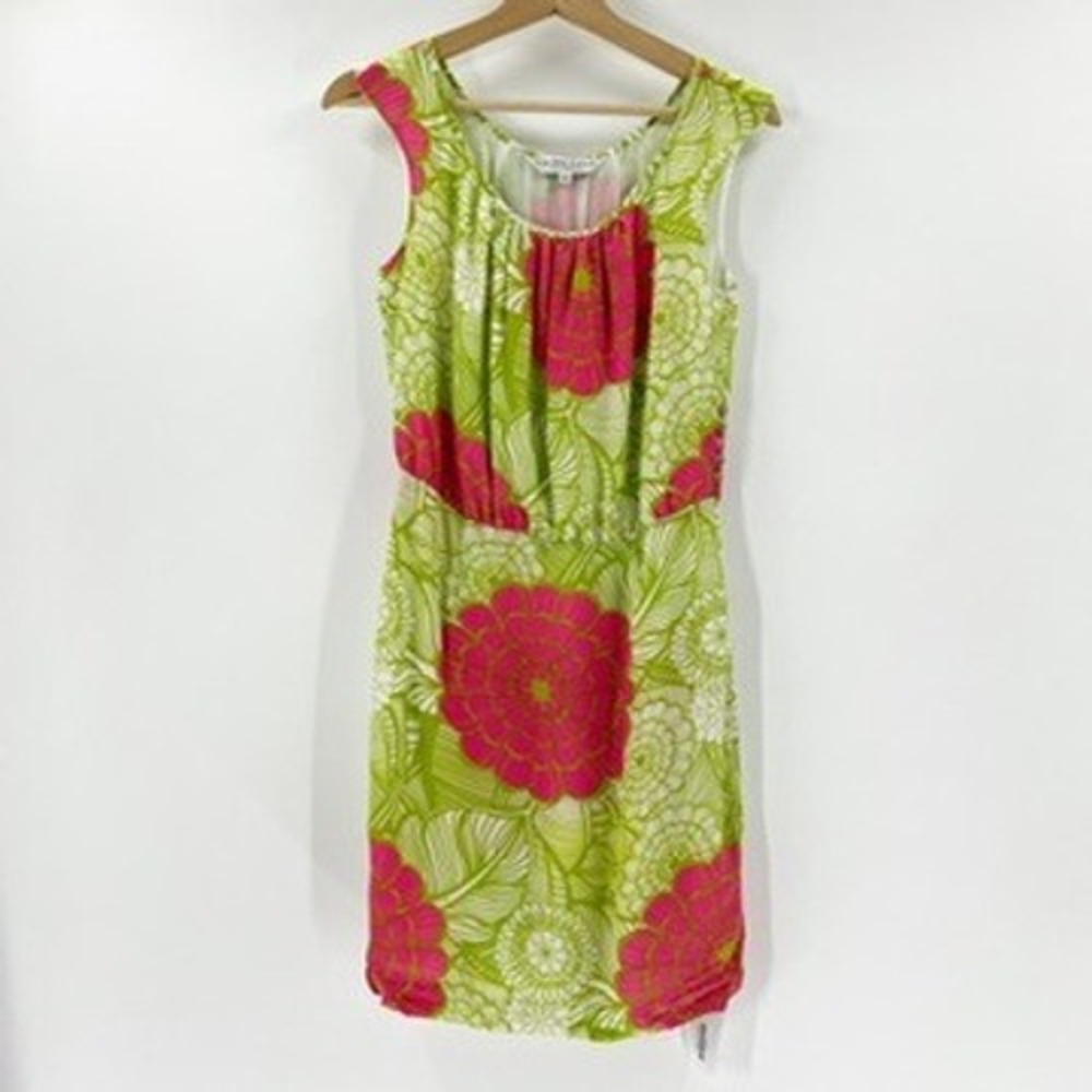 Trina Turk‎ Silk Dress Floral Print Green Pink Sleeveless Size 2